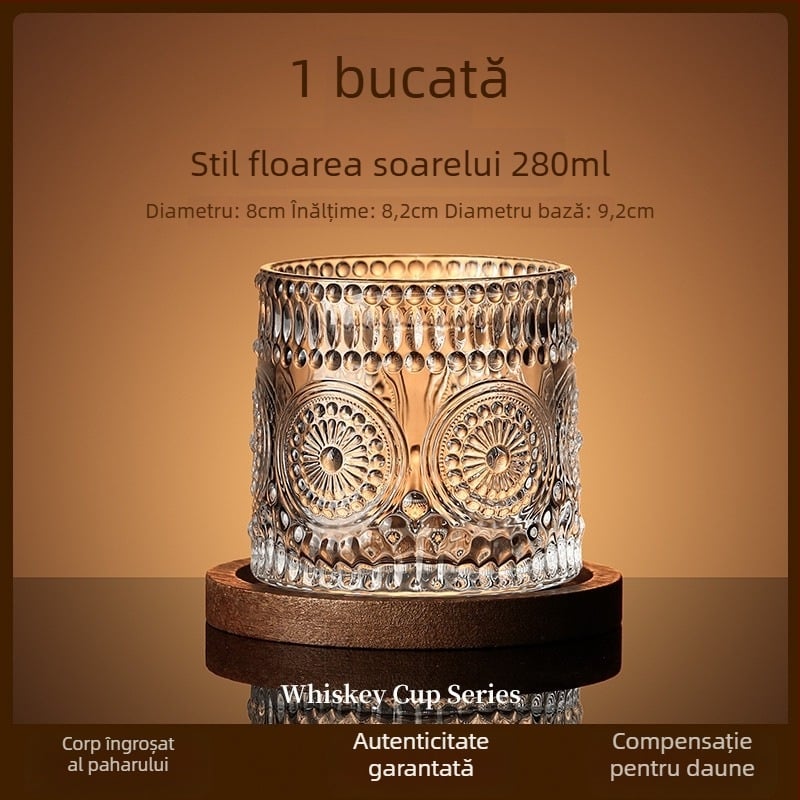 Pahar de whiskey din sticlă, stil elegant, cu bază rotativă și suport pentru pahar