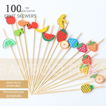 Bețișoare din bambus pentru fructe – amestec cu pepene, banană, căpșune și kiwi, bețișoare decorative clasice pentru fructe, 120 mm lungime, 100 bucăți într-un pachet