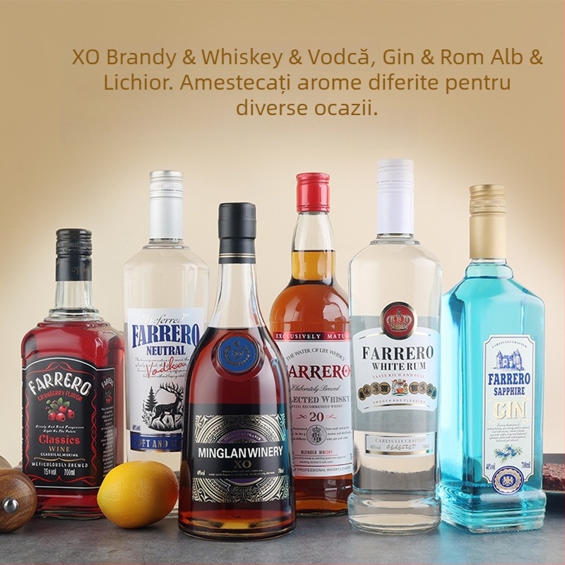 Set de baze pentru cocktailuri: vodcă, sirop de lichior, rom alb, băuturi spirtoase străine, whisky și XO brandy