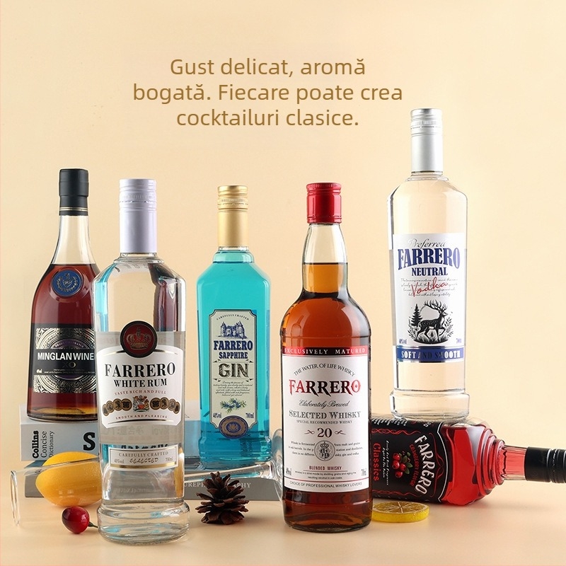 Set de baze pentru cocktailuri: vodcă, sirop de lichior, rom alb, băuturi spirtoase străine, whisky și XO brandy