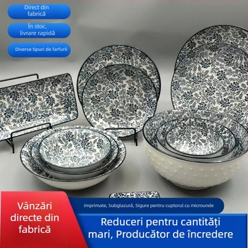 Vas ceramice în stil japonez cu desen sub glazură pe ramuri – set de veselă modern minimalist: farfurii pentru sushi, boluri cu motive de zăpadă și boluri pentru fructe