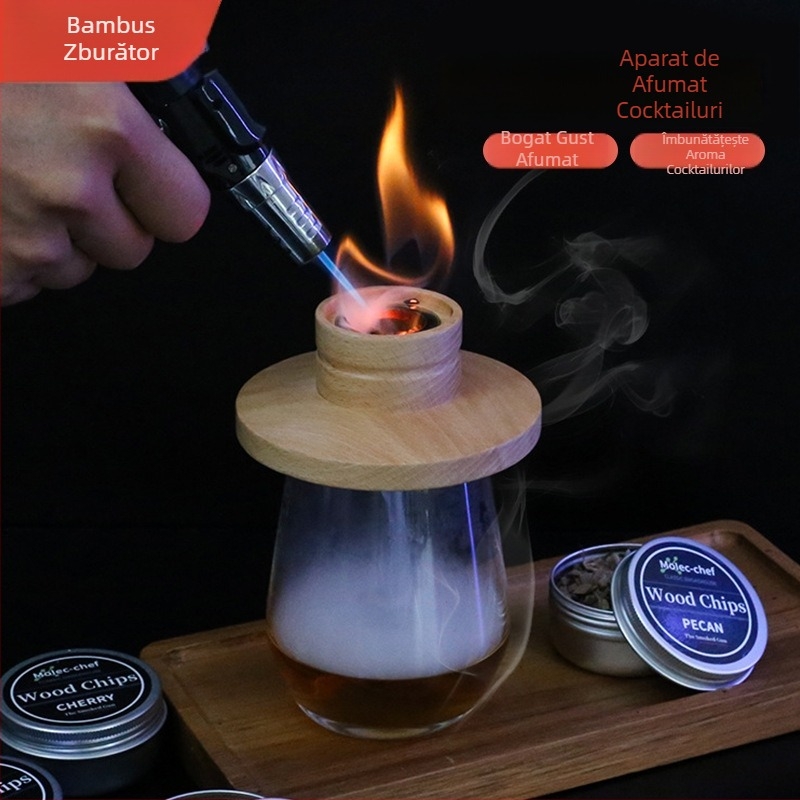 Set de afumare pentru cocktailuri din lemn cu rumeguș pentru mixologie