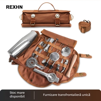 Set shaker din oțel inoxidabil pentru bar, trusă completă de unelte pentru ceai cu lapte, geantă din pânză