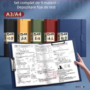 Mapă pentru lucrări de test A3/A4, cu pagini transparente de inserat, clemă dublă, material PP