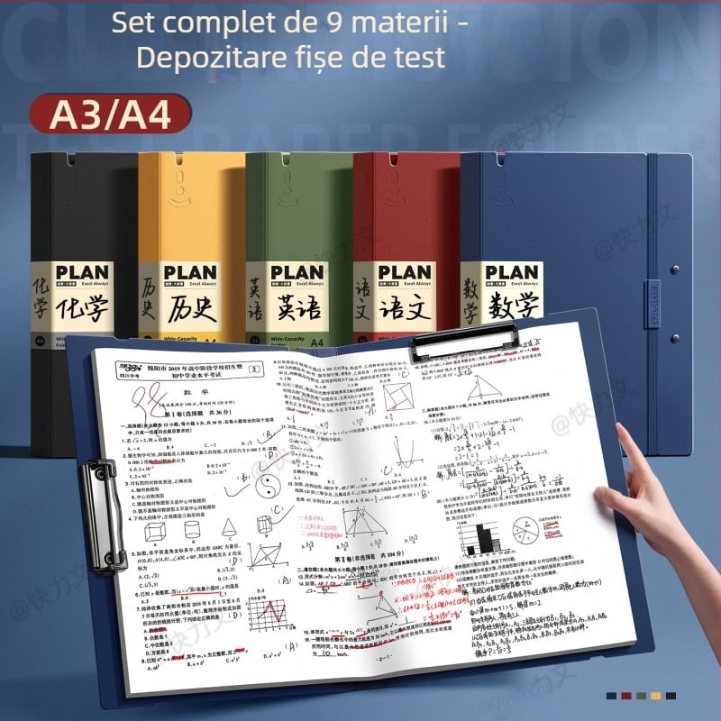 Mapă pentru lucrări de test A3/A4, cu pagini transparente de inserat, clemă dublă, material PP