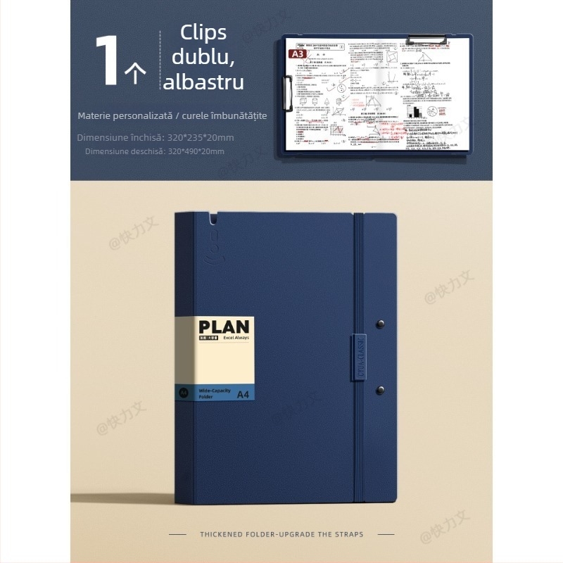 Mapă pentru lucrări de test A3/A4, cu pagini transparente de inserat, clemă dublă, material PP