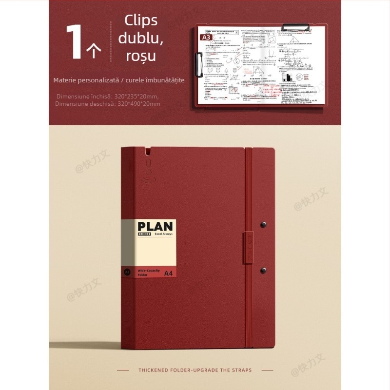 Mapă pentru lucrări de test A3/A4, cu pagini transparente de inserat, clemă dublă, material PP