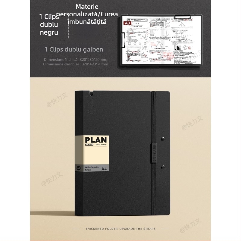 Mapă pentru lucrări de test A3/A4, cu pagini transparente de inserat, clemă dublă, material PP