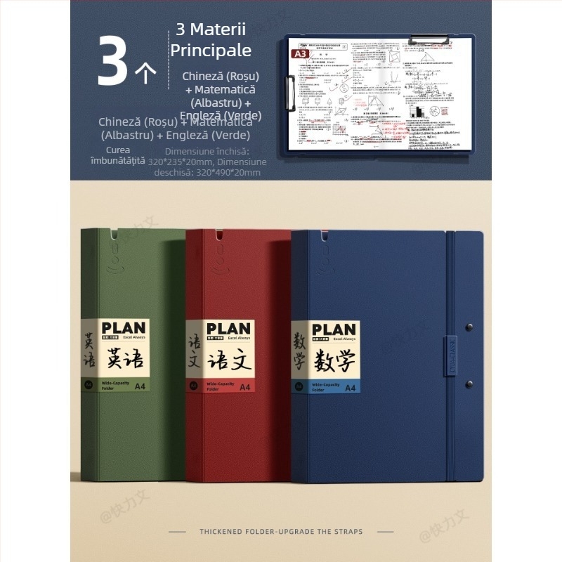 Mapă pentru lucrări de test A3/A4, cu pagini transparente de inserat, clemă dublă, material PP