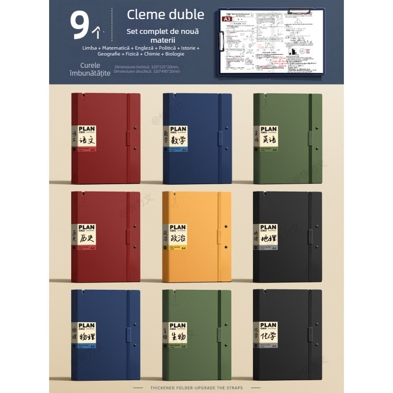 Mapă pentru lucrări de test A3/A4, cu pagini transparente de inserat, clemă dublă, material PP