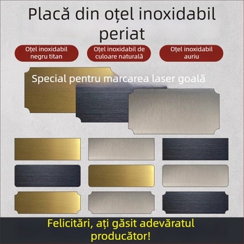 Placă de identificare din oțel inoxidabil, goală, pentru gravare cu laser, finisaj șlefuit; culori: aur, titan negru, argintiu; dimensiuni 76,2 x 25,4 mm; 10 bucăți cu spate adeziv.