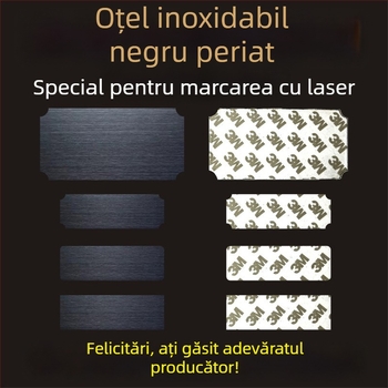 Placă de identificare din oțel inoxidabil, goală, pentru gravare cu laser, finisaj șlefuit; culori: aur, titan negru, argintiu; dimensiuni 76,2 x 25,4 mm; 10 bucăți cu spate adeziv.