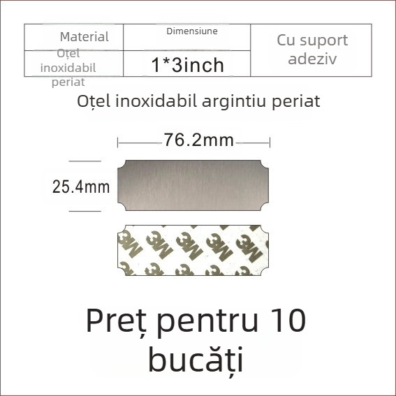 Placă de identificare din oțel inoxidabil, goală, pentru gravare cu laser, finisaj șlefuit; culori: aur, titan negru, argintiu; dimensiuni 76,2 x 25,4 mm; 10 bucăți cu spate adeziv.