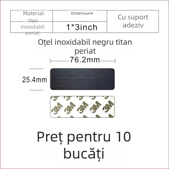 Placă de identificare din oțel inoxidabil, goală, pentru gravare cu laser, finisaj șlefuit; culori: aur, titan negru, argintiu; dimensiuni 76,2 x 25,4 mm; 10 bucăți cu spate adeziv.
