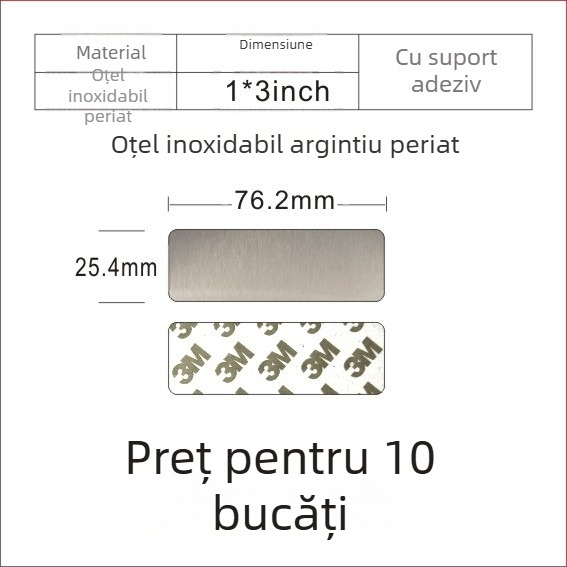 Placă de identificare din oțel inoxidabil, goală, pentru gravare cu laser, finisaj șlefuit; culori: aur, titan negru, argintiu; dimensiuni 76,2 x 25,4 mm; 10 bucăți cu spate adeziv.