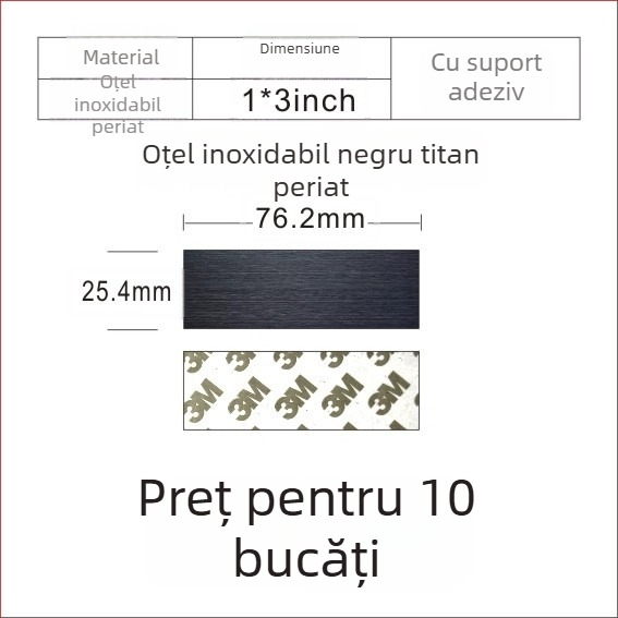 Placă de identificare din oțel inoxidabil, goală, pentru gravare cu laser, finisaj șlefuit; culori: aur, titan negru, argintiu; dimensiuni 76,2 x 25,4 mm; 10 bucăți cu spate adeziv.