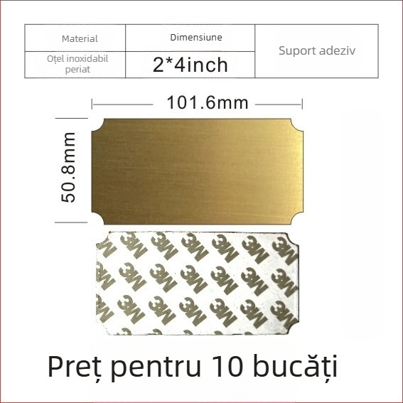 Placă de identificare din oțel inoxidabil, goală, pentru gravare cu laser, finisaj șlefuit; culori: aur, titan negru, argintiu; dimensiuni 76,2 x 25,4 mm; 10 bucăți cu spate adeziv.