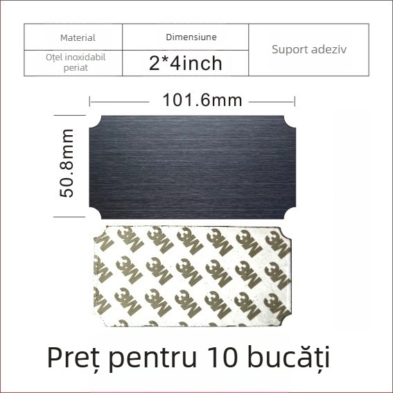 Placă de identificare din oțel inoxidabil, goală, pentru gravare cu laser, finisaj șlefuit; culori: aur, titan negru, argintiu; dimensiuni 76,2 x 25,4 mm; 10 bucăți cu spate adeziv.