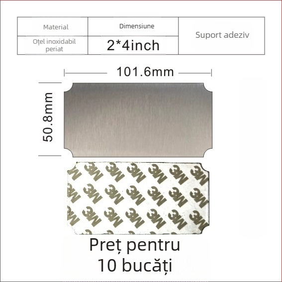 Placă de identificare din oțel inoxidabil, goală, pentru gravare cu laser, finisaj șlefuit; culori: aur, titan negru, argintiu; dimensiuni 76,2 x 25,4 mm; 10 bucăți cu spate adeziv.