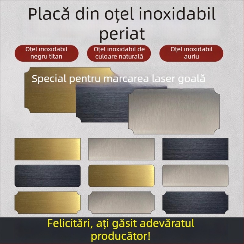Placă de identificare din oțel inoxidabil, goală, pentru gravare cu laser, finisaj șlefuit; culori: aur, titan negru, argintiu; dimensiuni 76,2 x 25,4 mm; 10 bucăți cu spate adeziv.