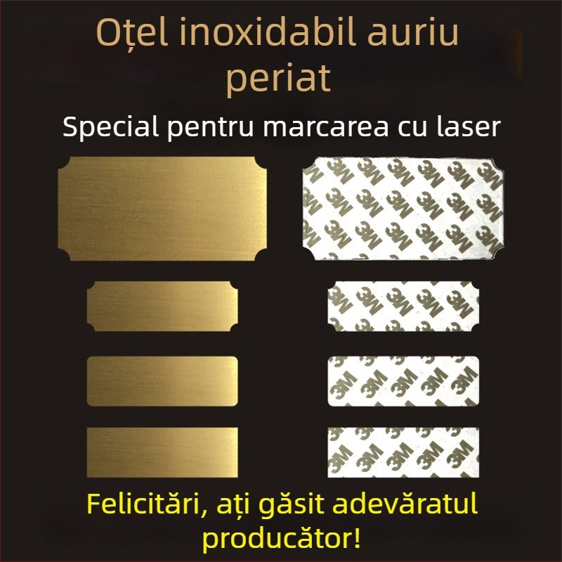 Placă de identificare din oțel inoxidabil, goală, pentru gravare cu laser, finisaj șlefuit; culori: aur, titan negru, argintiu; dimensiuni 76,2 x 25,4 mm; 10 bucăți cu spate adeziv.