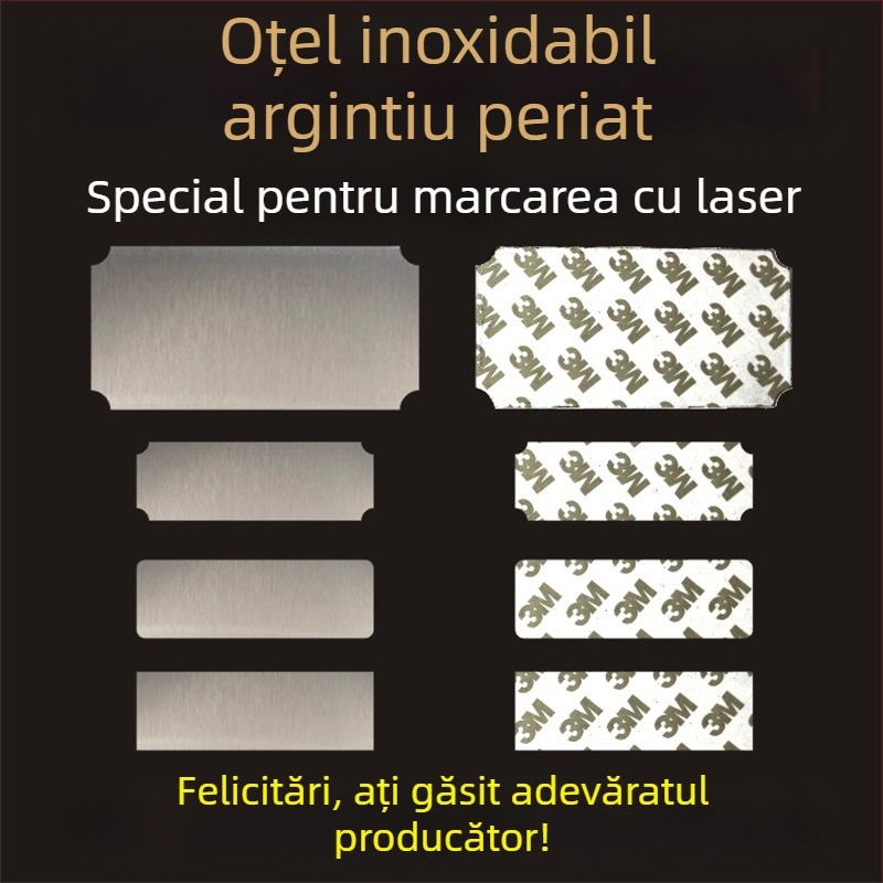 Placă de identificare din oțel inoxidabil, goală, pentru gravare cu laser, finisaj șlefuit; culori: aur, titan negru, argintiu; dimensiuni 76,2 x 25,4 mm; 10 bucăți cu spate adeziv.