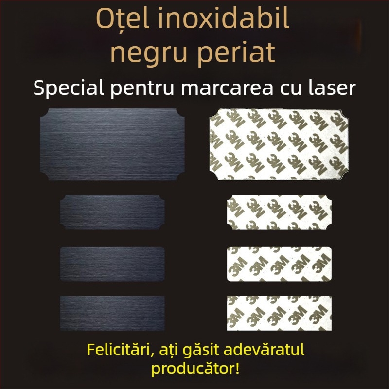 Placă de identificare din oțel inoxidabil, goală, pentru gravare cu laser, finisaj șlefuit; culori: aur, titan negru, argintiu; dimensiuni 76,2 x 25,4 mm; 10 bucăți cu spate adeziv.