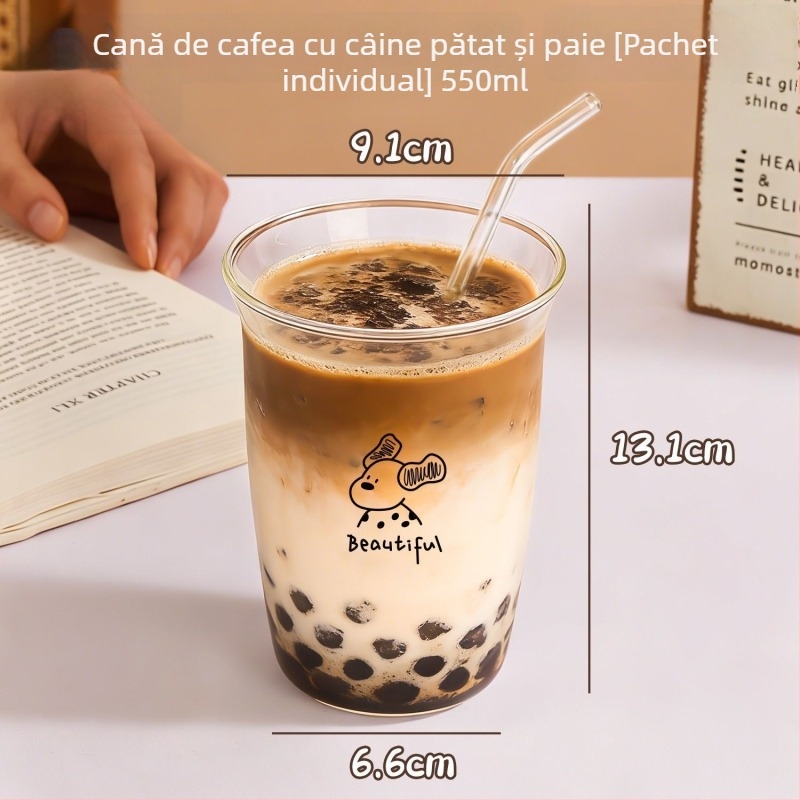 Pahar din sticlă compatibil cu microunde, pentru lapte și suc, portabil pentru micul dejun