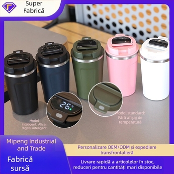 Ceșcă de cafea cu pereți dubli în vid, afișaj al temperaturii, termos portabil, rezistentă la cădere, interior din oțel inoxidabil 304, exterior din oțel inoxidabil 201