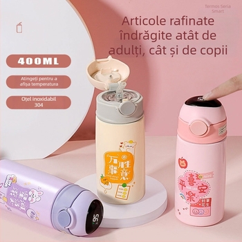 Pahar termoizolat pentru copii din oțel inoxidabil 304, design desen animat, cu pai și capac cu filet, portabil