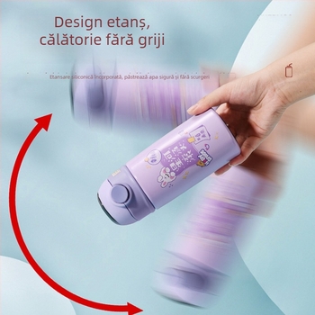 Pahar termoizolat pentru copii din oțel inoxidabil 304, design desen animat, cu pai și capac cu filet, portabil