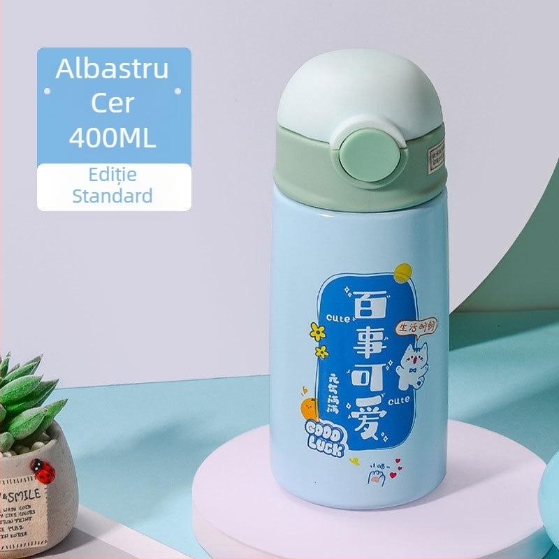 Pahar termoizolat pentru copii din oțel inoxidabil 304, design desen animat, cu pai și capac cu filet, portabil