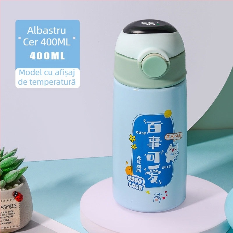 Pahar termoizolat pentru copii din oțel inoxidabil 304, design desen animat, cu pai și capac cu filet, portabil