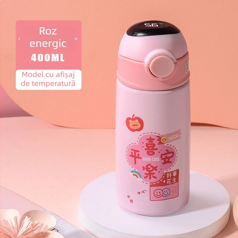 Pahar termoizolat pentru copii din oțel inoxidabil 304, design desen animat, cu pai și capac cu filet, portabil