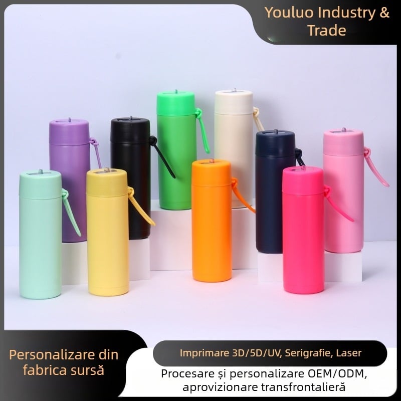 Nouă sticlă de apă sport 650 ml, cu mâner din silicon, pai, gură mare, din oțel inoxidabil izolat