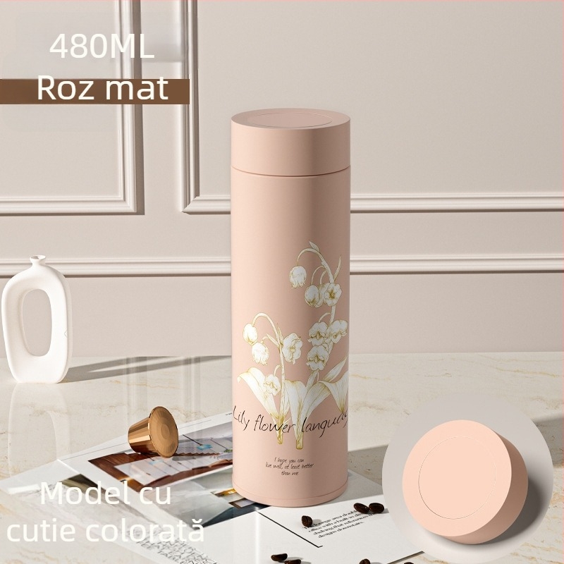 Cană termică din oțel inoxidabil 316, design Lily of the Valley, gravură logo, portabilă