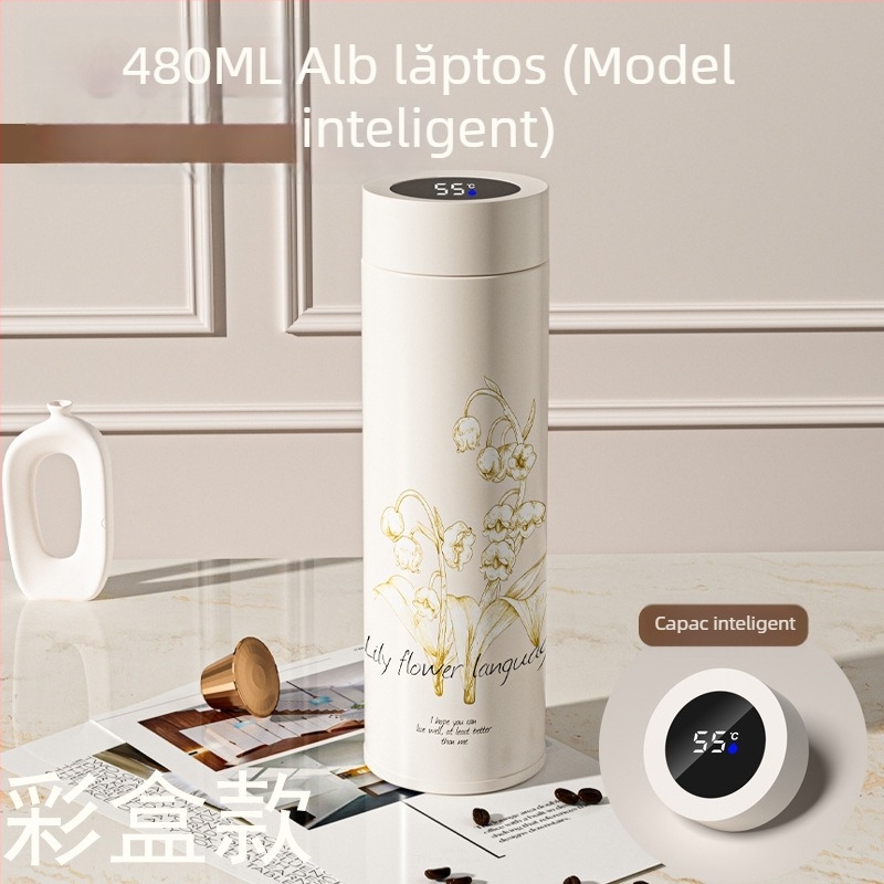Cană termică din oțel inoxidabil 316, design Lily of the Valley, gravură logo, portabilă