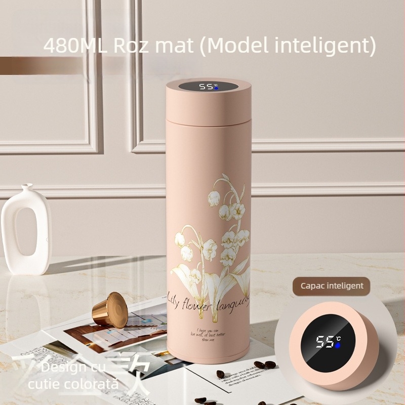 Cană termică din oțel inoxidabil 316, design Lily of the Valley, gravură logo, portabilă