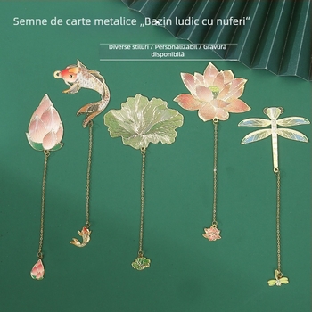 Semn de carte din metal cu libelulă și frunză de lotus, în stil clasic chinezesc — cadou pentru profesori.