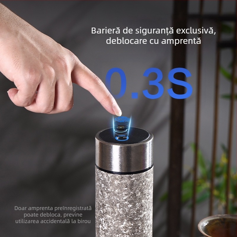 Cană izolantă din titan cu deblocare prin amprentă, infuzor de ceai, formă cilindrică, portabil