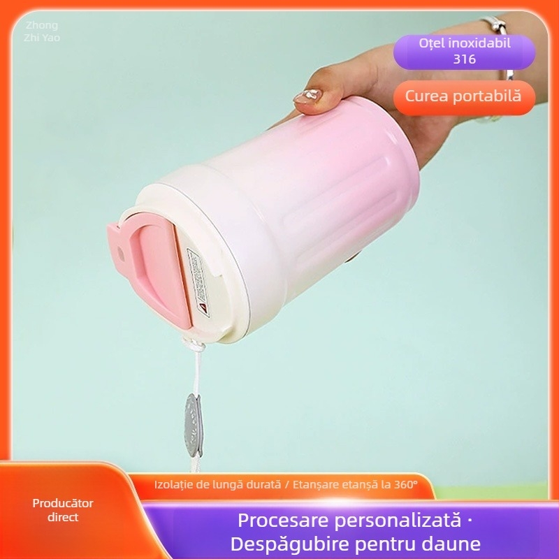 Cană termică cu interior ceramic 316, portabilă, cu capac rabatabil pentru băut direct, cană de cafea auto, mare capacitate
