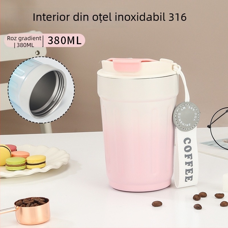Cană termică cu interior ceramic 316, portabilă, cu capac rabatabil pentru băut direct, cană de cafea auto, mare capacitate