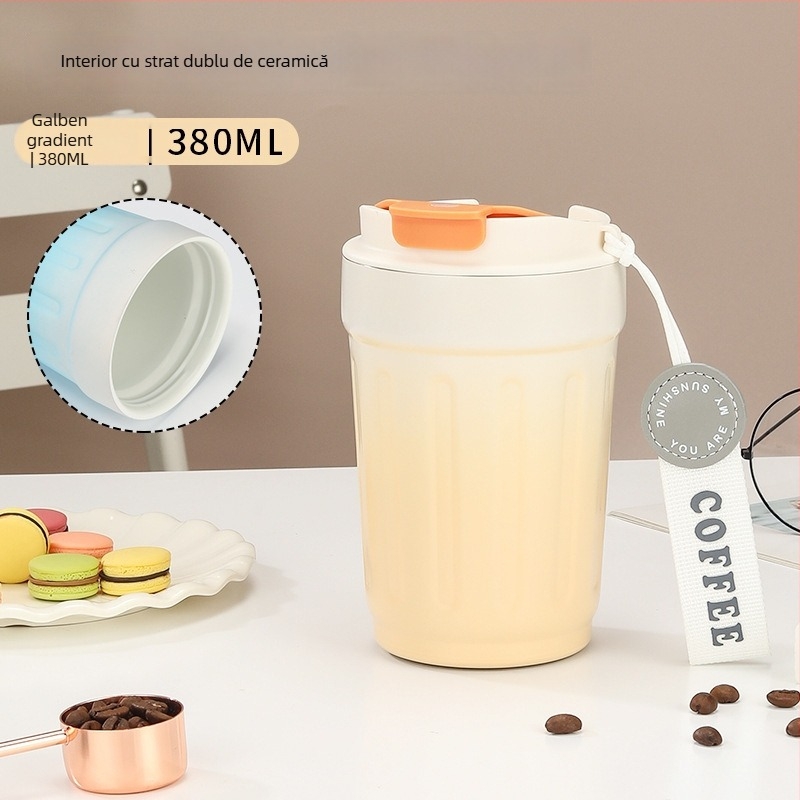 Cană termică cu interior ceramic 316, portabilă, cu capac rabatabil pentru băut direct, cană de cafea auto, mare capacitate