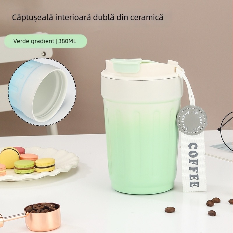Cană termică cu interior ceramic 316, portabilă, cu capac rabatabil pentru băut direct, cană de cafea auto, mare capacitate