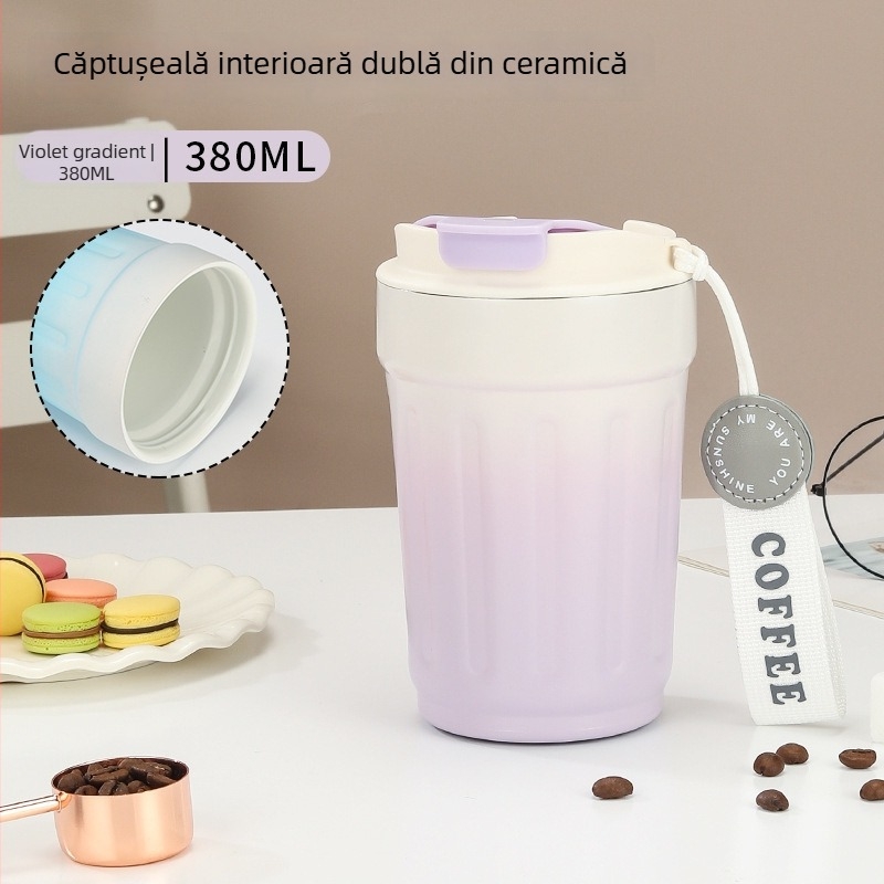Cană termică cu interior ceramic 316, portabilă, cu capac rabatabil pentru băut direct, cană de cafea auto, mare capacitate