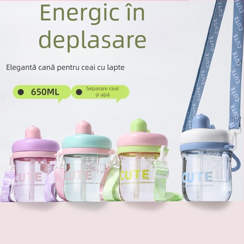 Pahar din plastic minimalist cu design de ceai de flori, pai, recipient de apă portabil și compact pentru studenți și cupluri, stil influencer