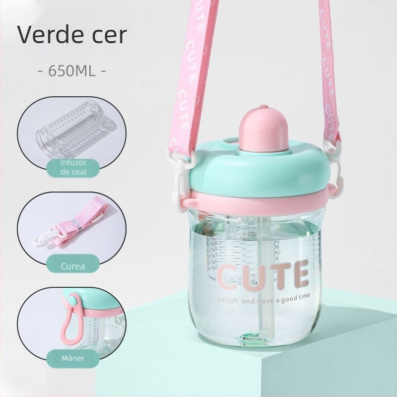 Pahar din plastic minimalist cu design de ceai de flori, pai, recipient de apă portabil și compact pentru studenți și cupluri, stil influencer