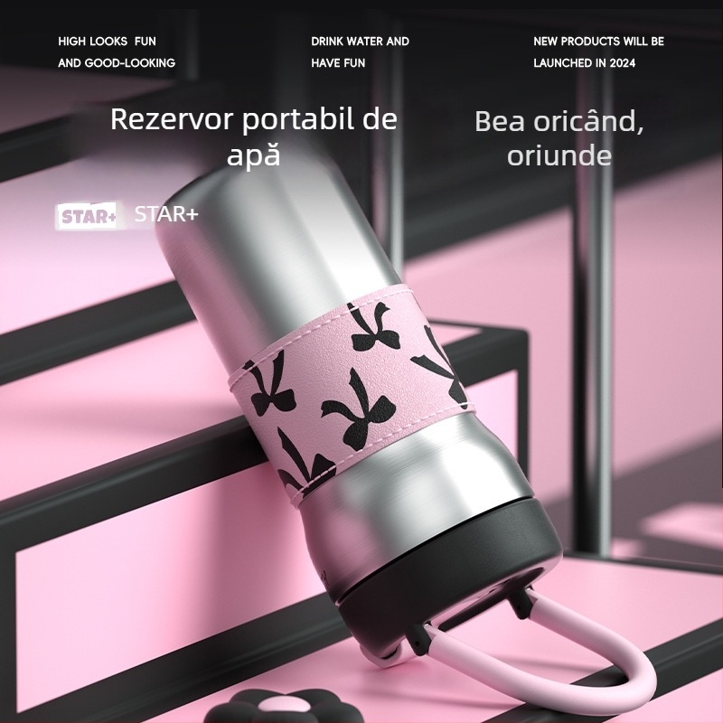 Termos pentru femei, oțel inoxidabil 304 exterior, 316 interior, izolație 6–12 ore, portabil cu șnur de purtare