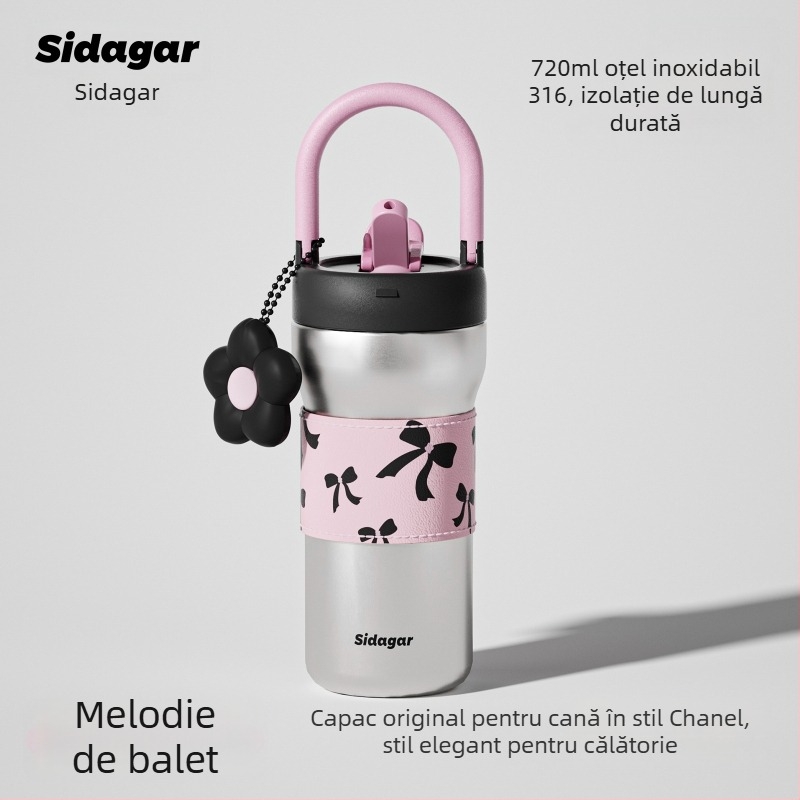 Termos pentru femei, oțel inoxidabil 304 exterior, 316 interior, izolație 6–12 ore, portabil cu șnur de purtare