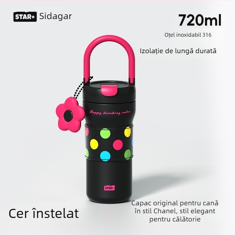 Termos pentru femei, oțel inoxidabil 304 exterior, 316 interior, izolație 6–12 ore, portabil cu șnur de purtare